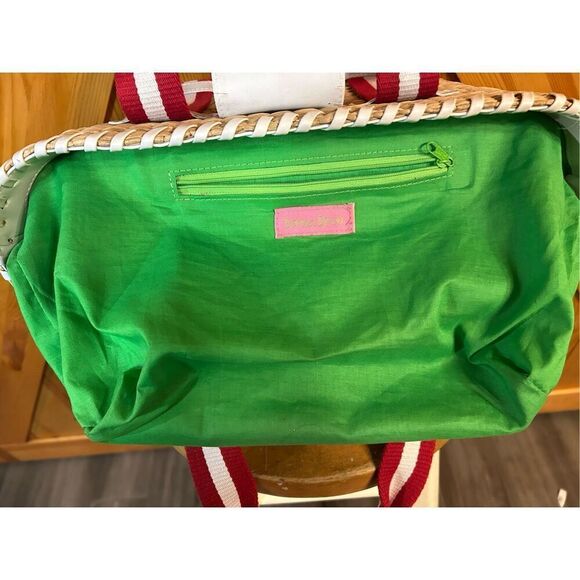 Donna Dixon Jennifer Rattan Basket Weave Red White Strap Tan Tote Handbag Purse - Picture 7 of 10